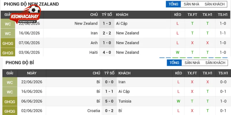 Thành tích gần đây trận New Zealand vs Bỉ