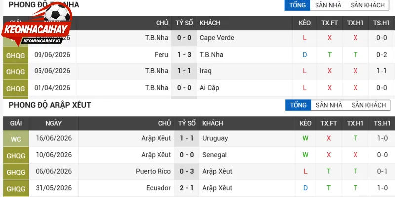 Thống kê phong độ Tây Ban Nha Vs Saudi Arabia